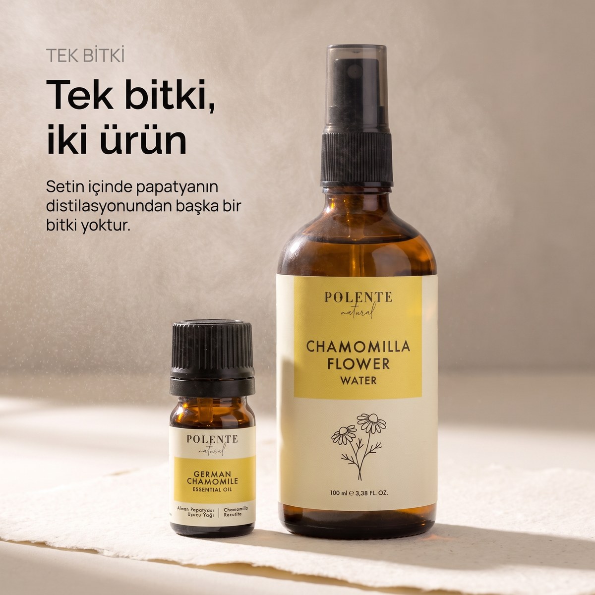 Papatya Uçucu Yağı &amp; Papatya Suyu Seti — tek bitki iki ürün, Alman papatyası uçucu yağı ve suyu bir arada