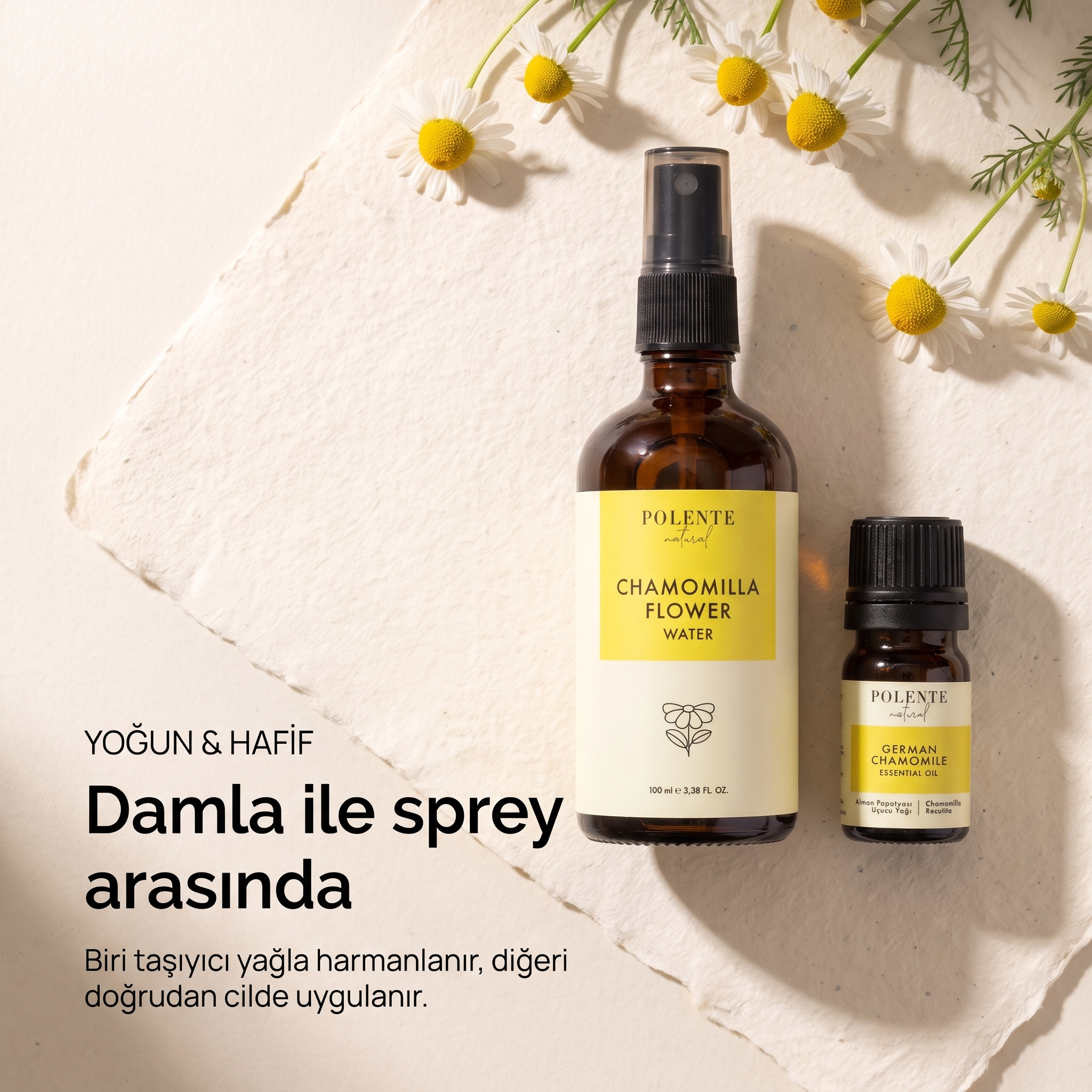 Papatya Uçucu Yağı &amp; Papatya Suyu Seti — yoğun uçucu yağ ve hafif hidrosol, damla ile sprey arasındaki fark
