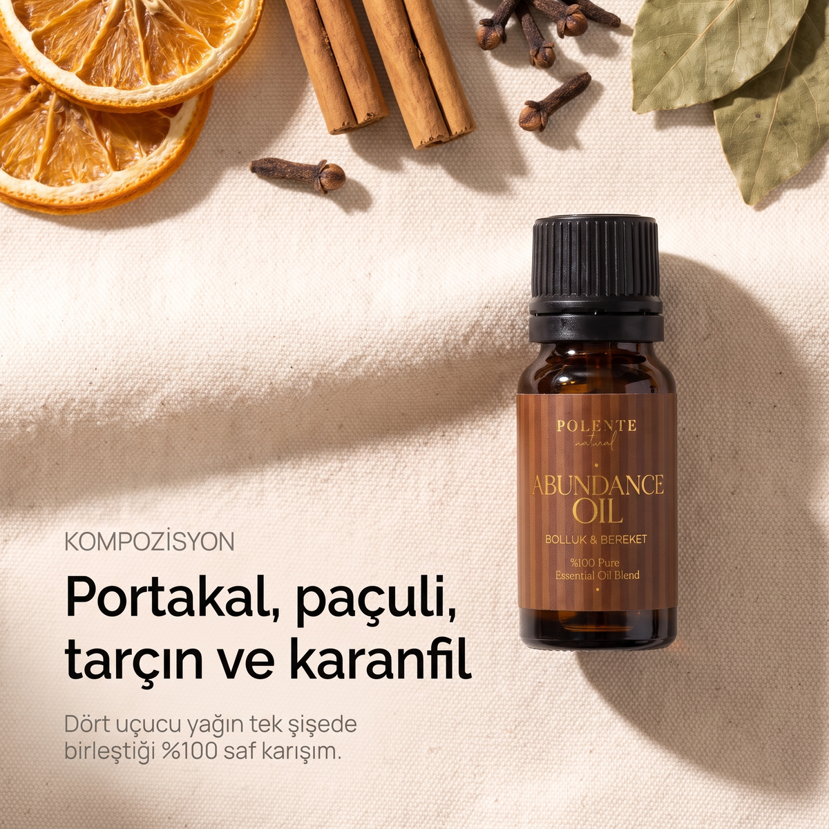 Bolluk &amp; Bereket Karışımı kompozisyonu — portakal, paçuli, tarçın ve karanfil uçucu yağları