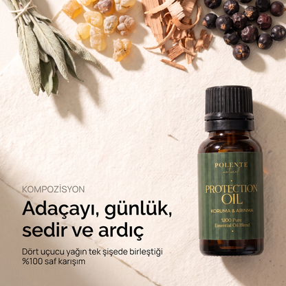 Koruma &amp; Arınma Karışımı kompozisyonu — adaçayı, sığla (günlük), sedir ve ardıç uçucu yağları
