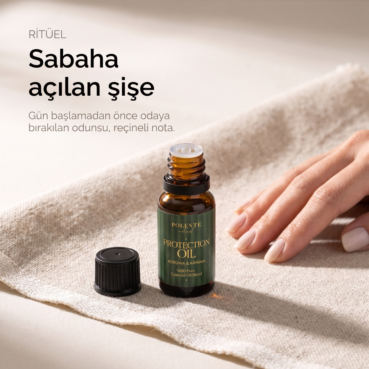 Koruma &amp; Arınma Uçucu Yağ Karışımı 10 ml — sabaha açılan şişe, arınma ritüeli konsept görseli