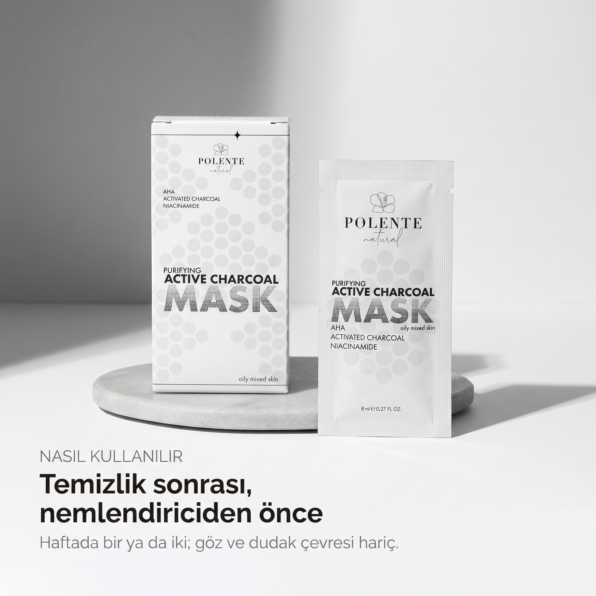 Aktif Karbonlu Arındırıcı Kil Maskesi 8x8 ml — temizlik sonrası, nemlendiriciden önce kullanım