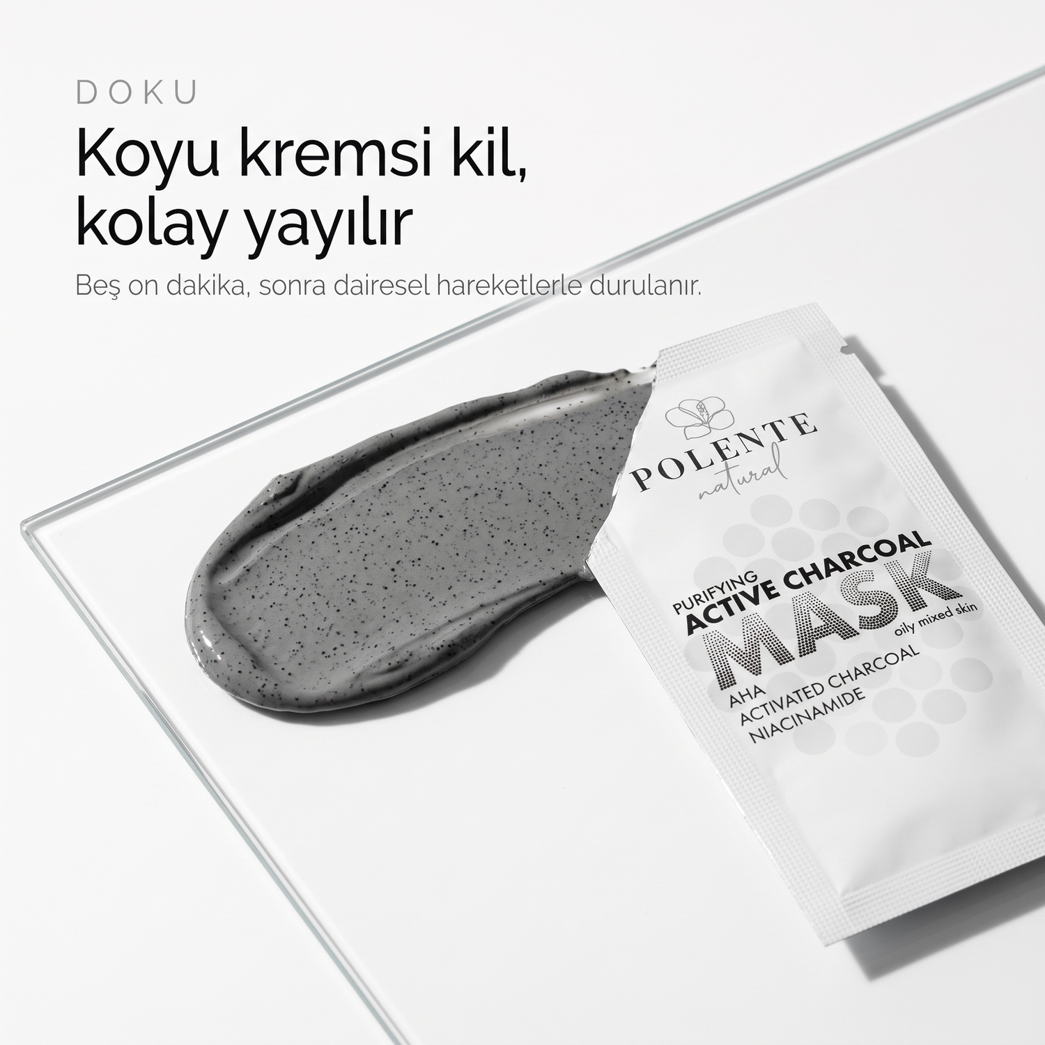 Aktif Karbonlu Arındırıcı Kil Maskesi 8x8 ml — koyu kremsi kil dokusu, kolay yayılır