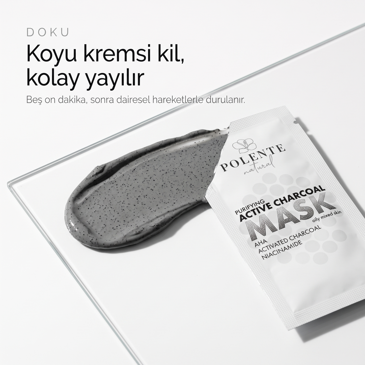 Aktif Karbonlu Arındırıcı Kil Maskesi 8x8 ml — koyu kremsi kil dokusu, kolay yayılır