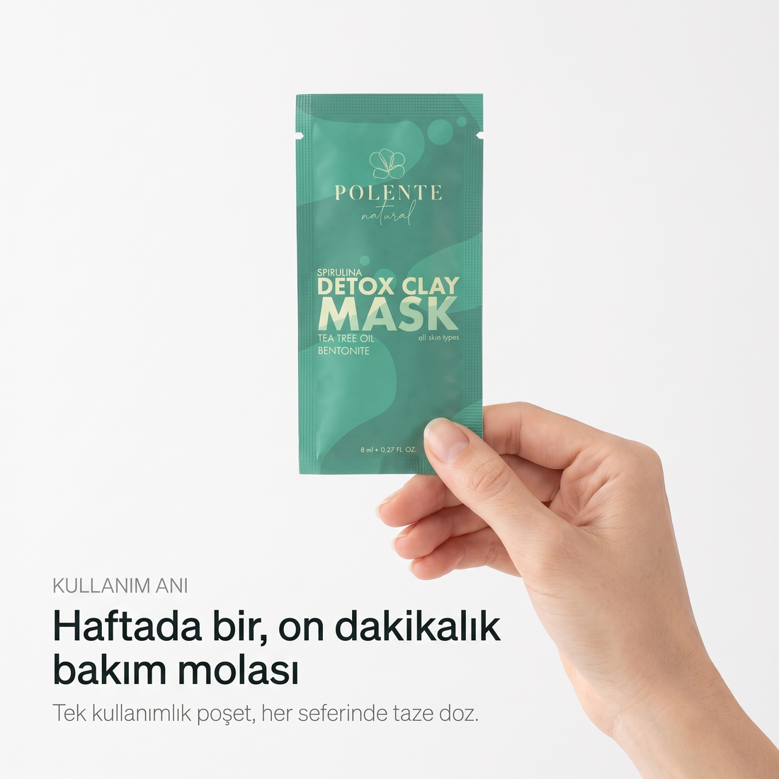 Spirulina Yosunlu Detoks Kil Maskesi 8x8 ml — tek kullanımlık poşet, haftalık on dakikalık bakım molası