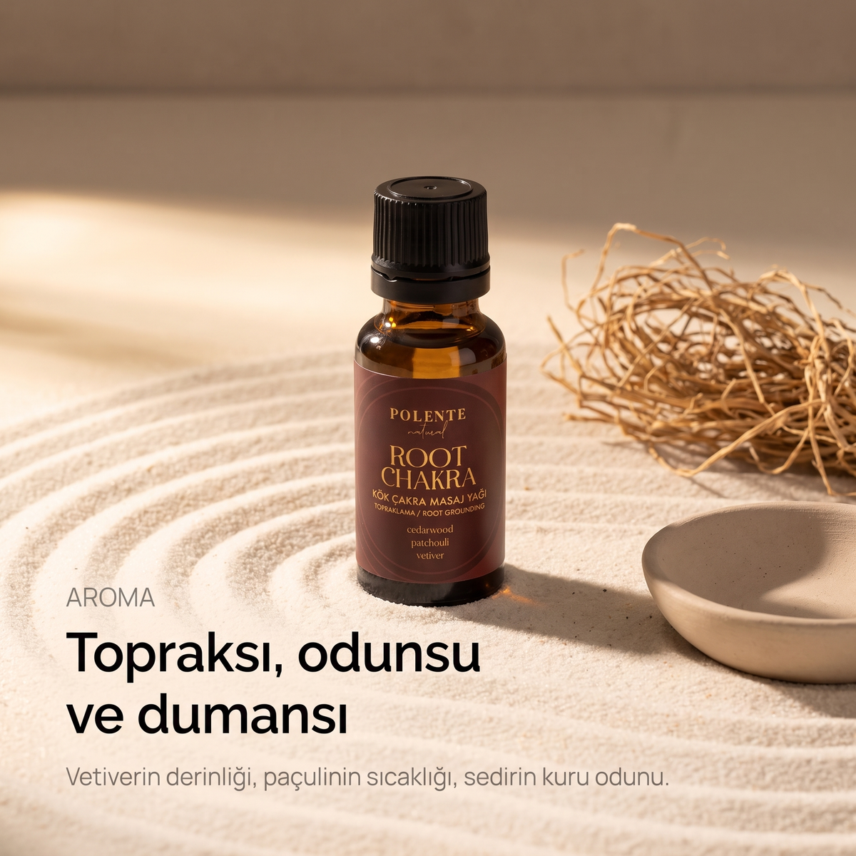 Kök Çakra Yağı aroma profili — topraksı, odunsu ve dumansı notalar