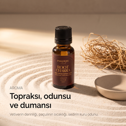 Kök Çakra Yağı aroma profili — topraksı, odunsu ve dumansı notalar