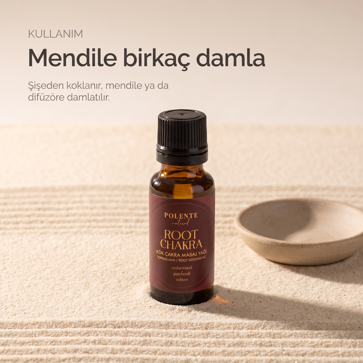 Kök Çakra Yağı kullanımı — şişeden koklama, mendile ya da difüzöre damlatma