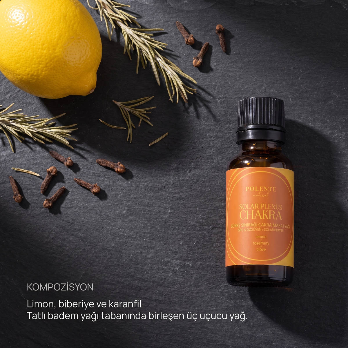 Güneş Sinirağı Çakra Yağı kompozisyonu — limon, biberiye ve karanfil uçucu yağları, tatlı badem yağı tabanında
