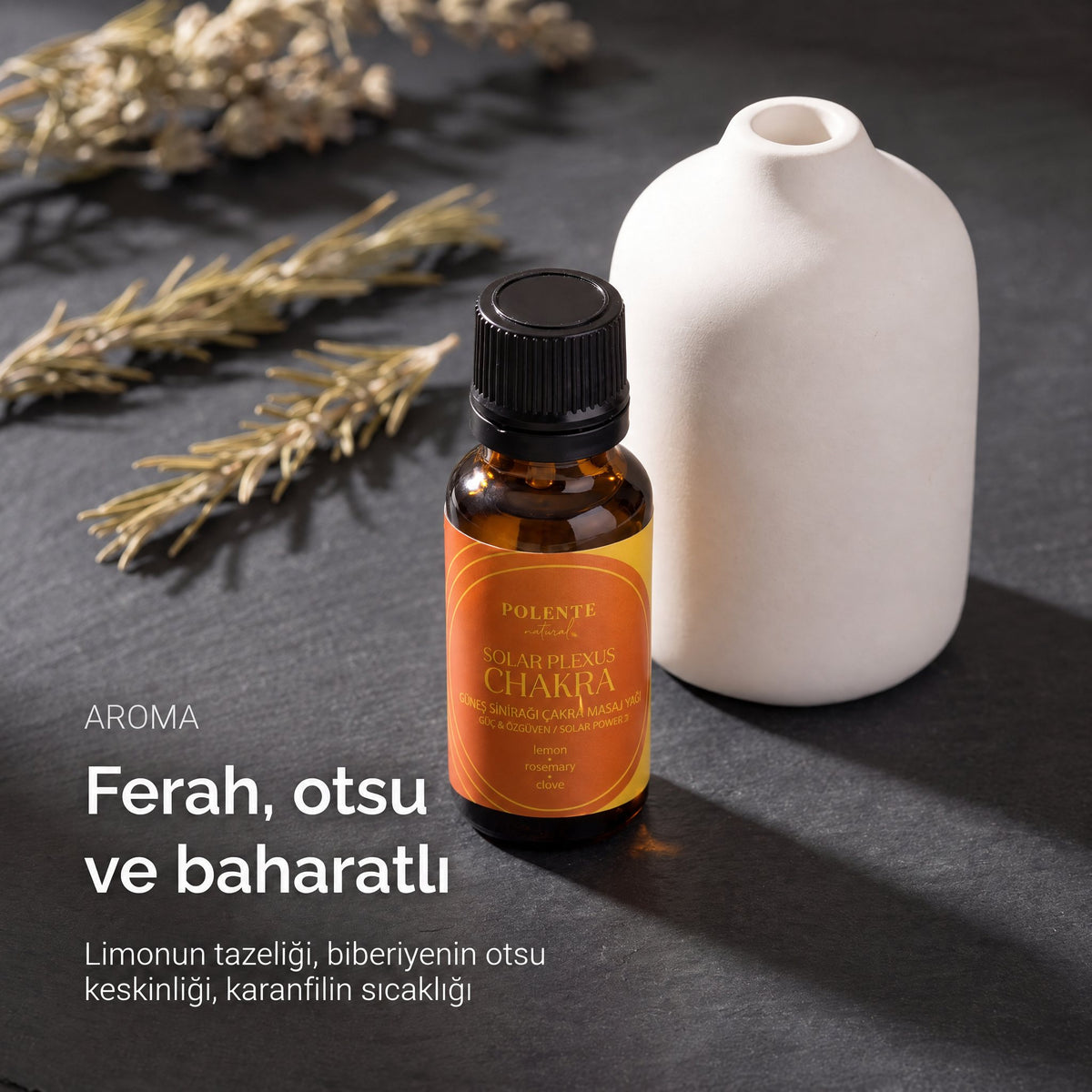Güneş Sinirağı Çakra Yağı aroma profili — ferah, otsu ve baharatlı notalar