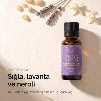 Tepe Çakra Yağı kompozisyonu — sığla, lavanta ve neroli uçucu yağları, tatlı badem yağı tabanında