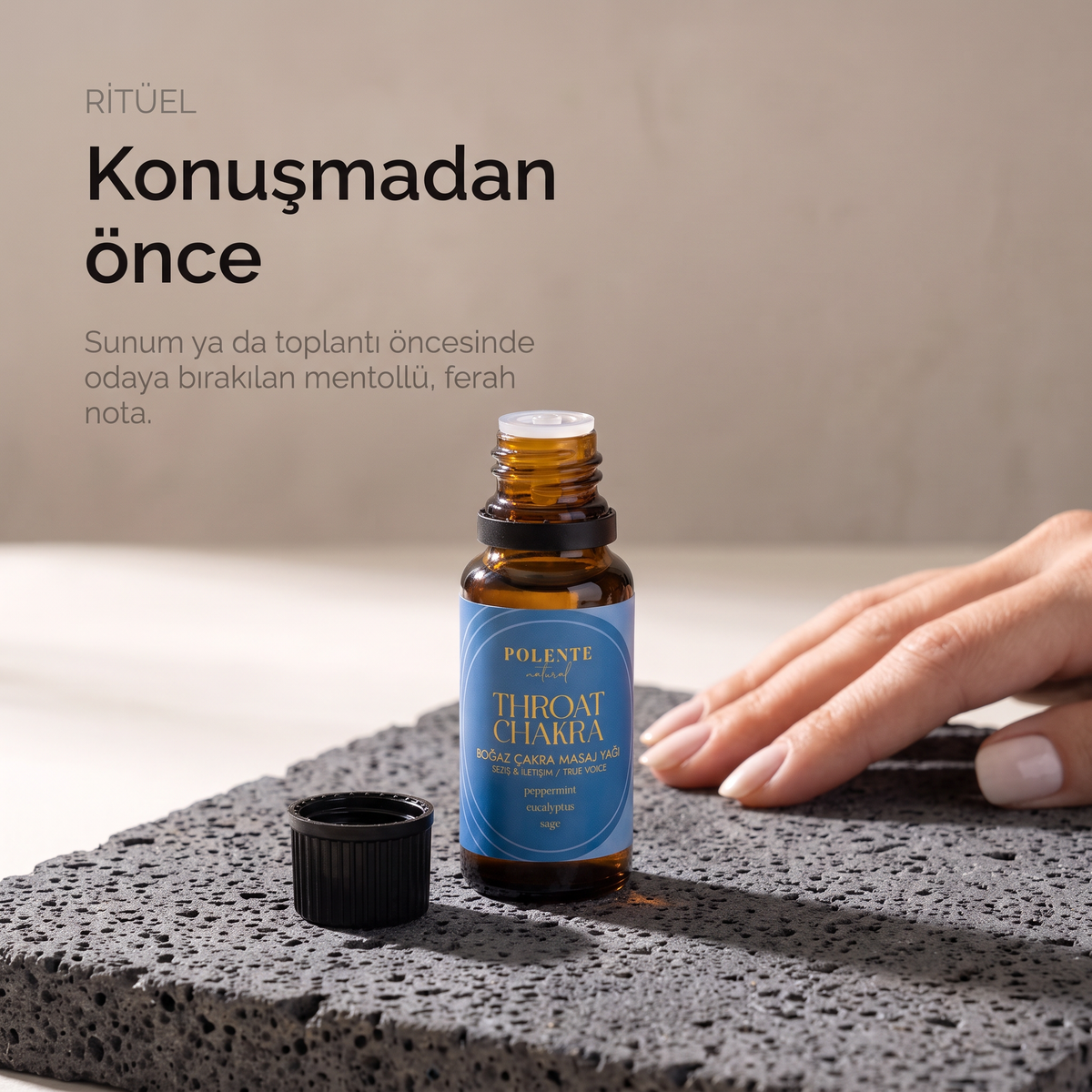 Boğaz Çakra Yağı 20 ml — sabah ritüeli için açılmış şişe, aromatik ritüel yağı