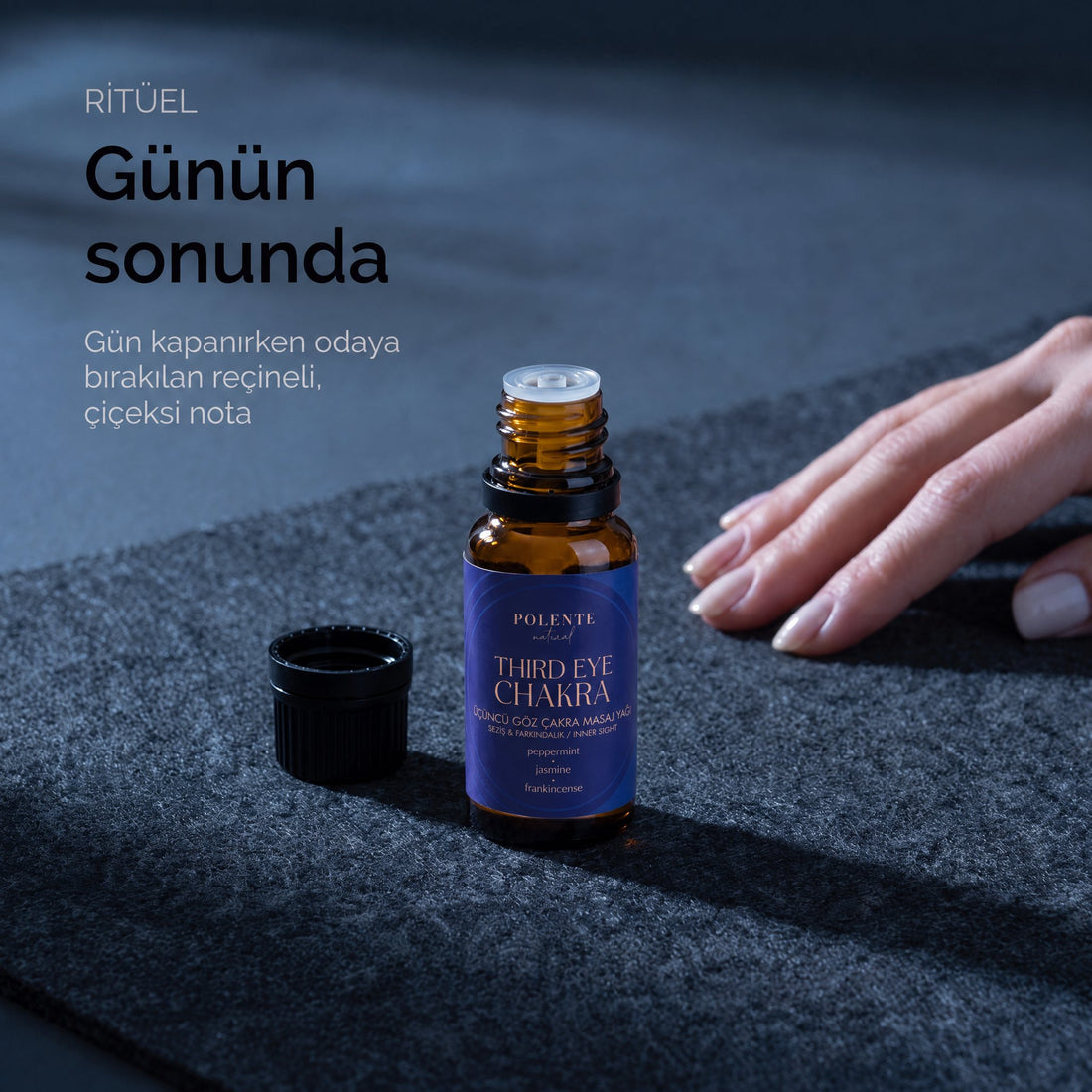 Üçüncü Göz Çakra Yağı 20 ml — gün kapanırken açılan şişe, aromatik ritüel yağı