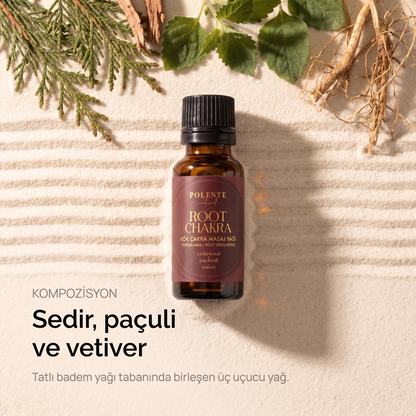 Kök Çakra Yağı kompozisyonu — sedir, paçuli ve vetiver uçucu yağları, tatlı badem yağı tabanında