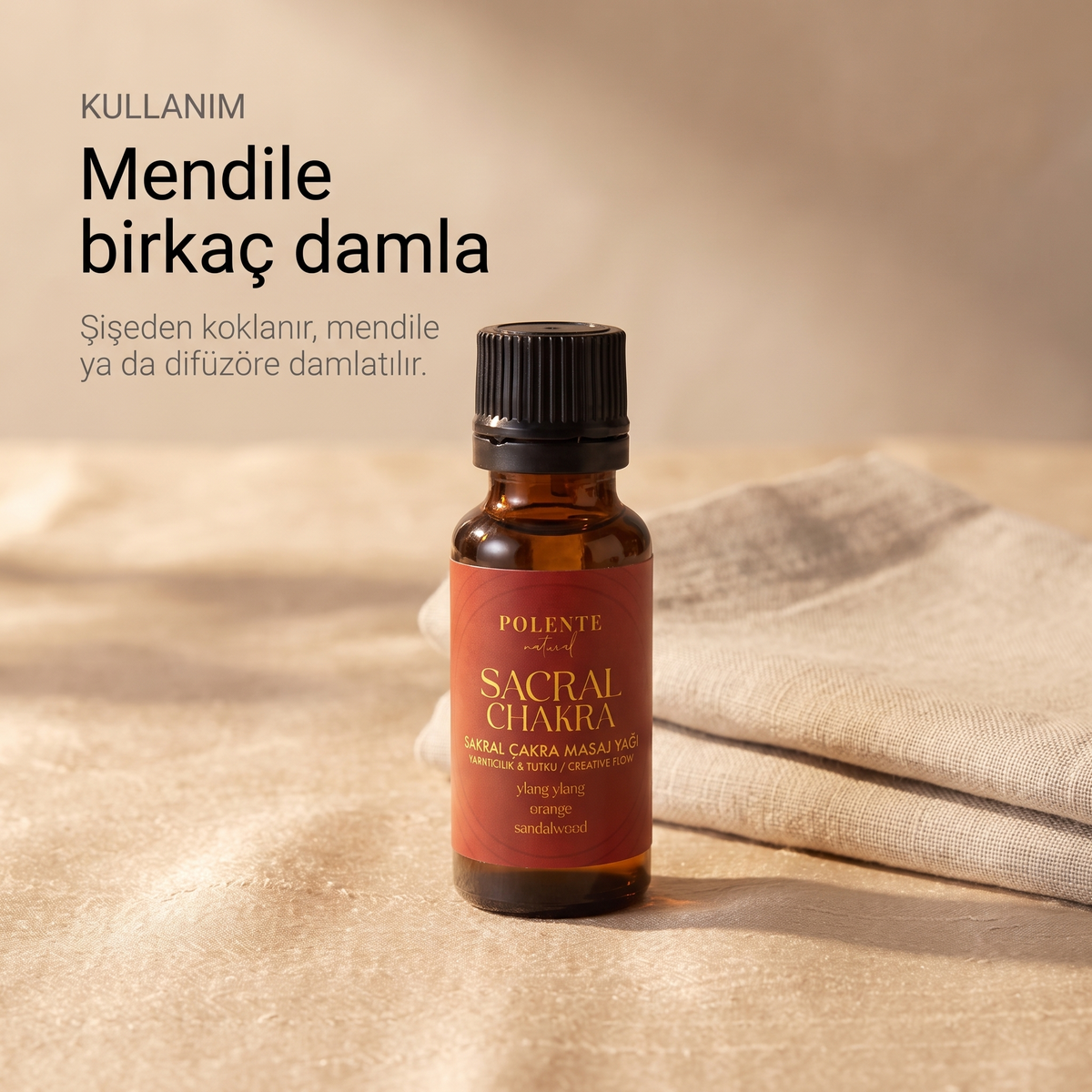 Sakral Çakra Yağı kullanımı — şişeden koklama, mendile ya da difüzöre damlatma