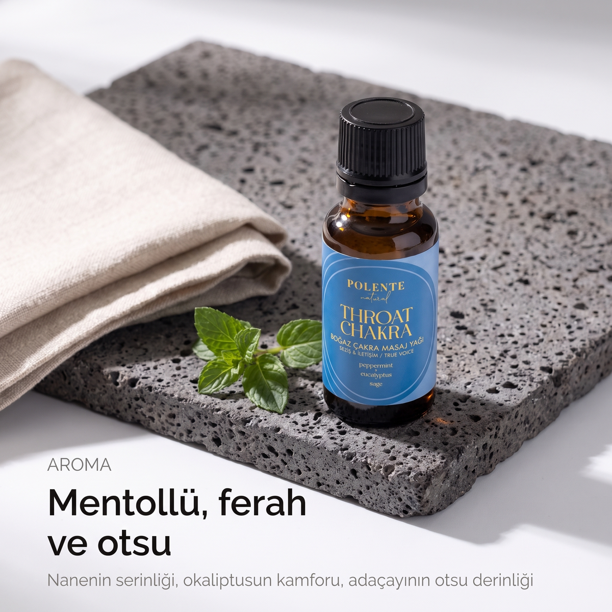 Boğaz Çakra Yağı aroma profili — mentollü, ferah ve otsu notalar