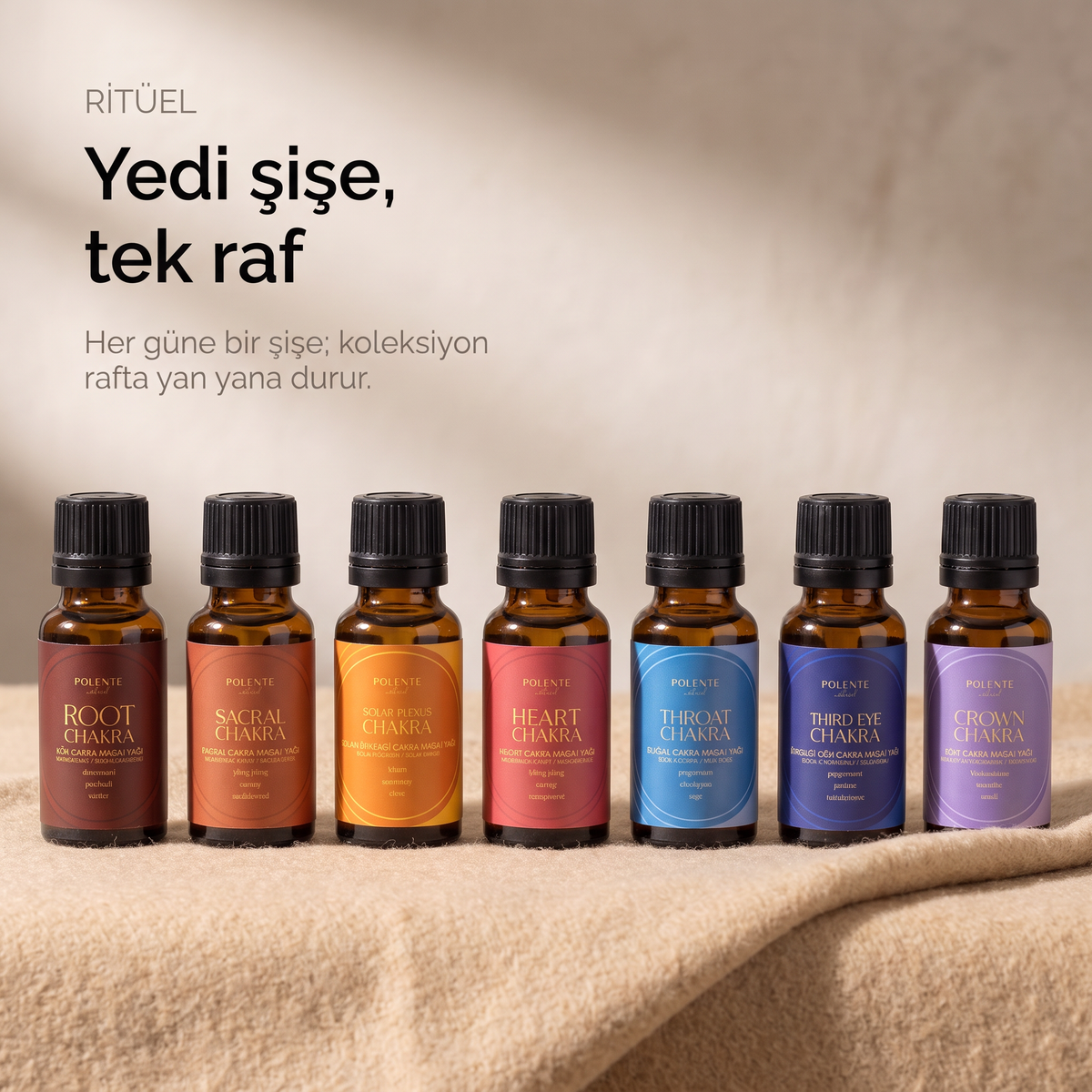 Chakra Ritual Collection — yedi çakra aromaterapi yağı bir sırada, 7 × 20 ml