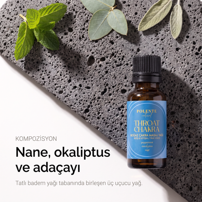 Boğaz Çakra Yağı kompozisyonu — ingiliz nanesi, okaliptus ve adaçayı uçucu yağları, tatlı badem yağı tabanında