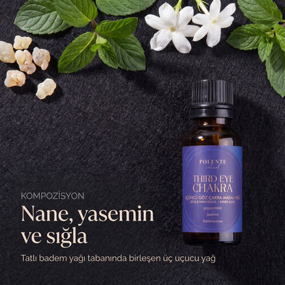 Üçüncü Göz Çakra Yağı kompozisyonu — ingiliz nanesi, yasemin ve sığla uçucu yağları, tatlı badem yağı tabanında