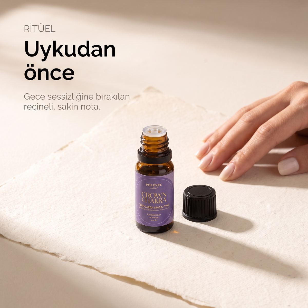 Tepe Çakra Yağı 20 ml — uykudan önce açılan şişe, aromatik ritüel yağı