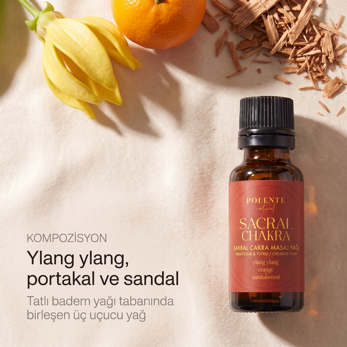 Sakral Çakra Yağı kompozisyonu — ylang ylang, portakal ve sandal uçucu yağları, tatlı badem yağı tabanında