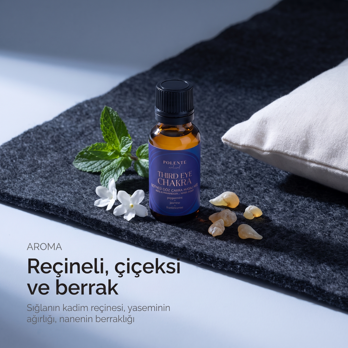 Üçüncü Göz Çakra Yağı aroma profili — reçineli, çiçeksi ve berrak notalar