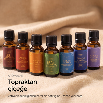 Chakra Ritual Collection aroma yelpazesi — vetiverin derinliğinden nerolinin hafifliğine uzanan yedi nota