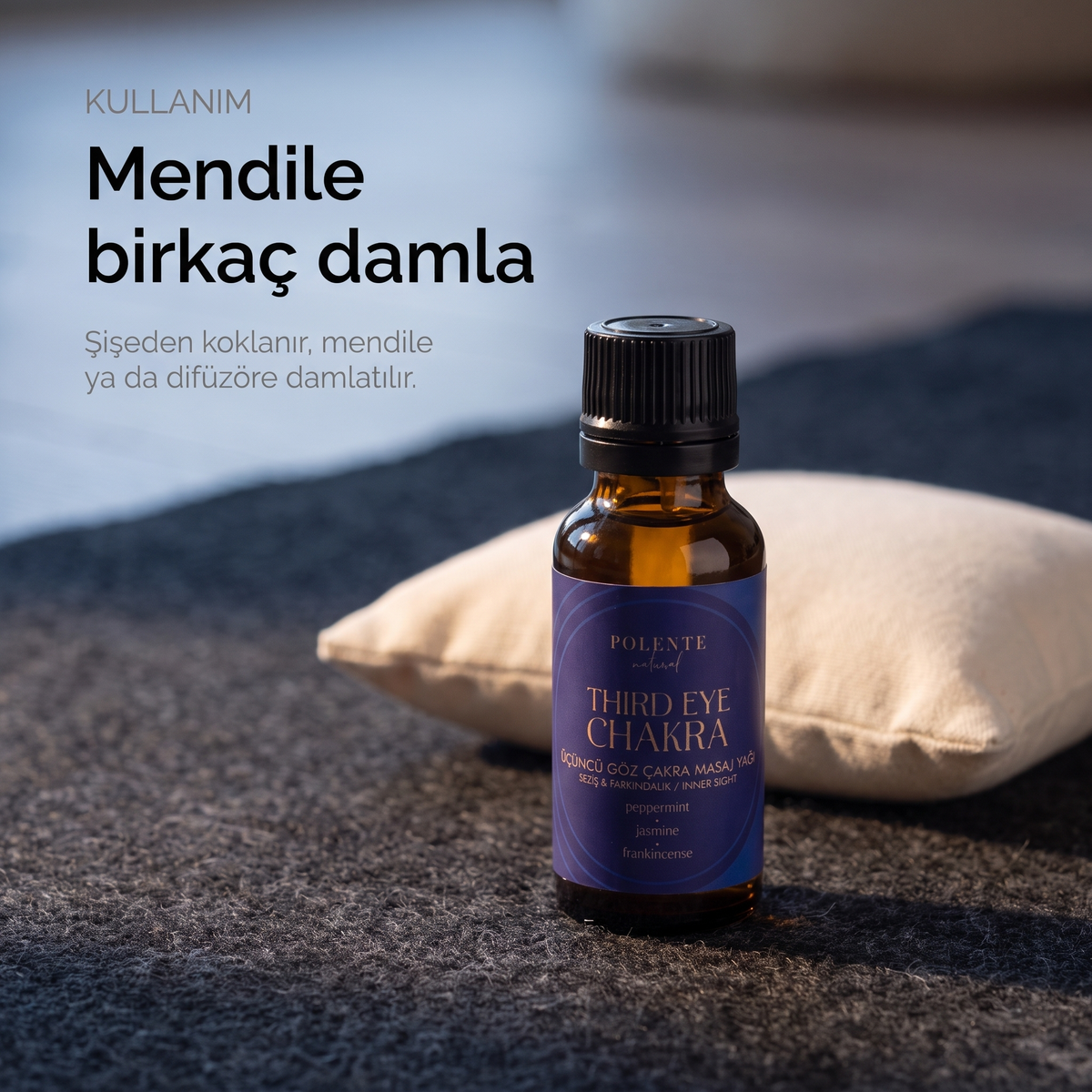 Üçüncü Göz Çakra Yağı kullanımı — şişeden koklama, mendile ya da difüzöre damlatma