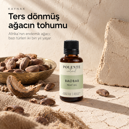 Baobab Yağı 30 ml — yağın kaynağı: kadifemsi baobab tohumları ve kuru meyve kabuğu
