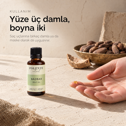 Baobab Yağı 30 ml — kullanım: parmak ucunda tek damla yağ