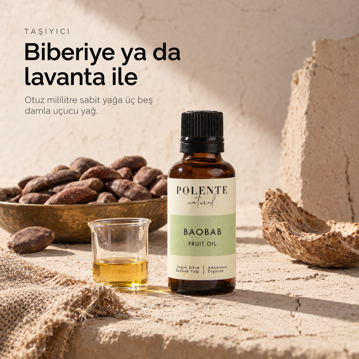 Baobab Yağı 30 ml — taşıyıcı yağ, cam beher içinde berrak altın rengi yağ