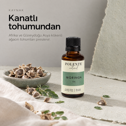 Moringa Yağı 30 ml — yağın kaynağı: kanatlı moringa tohumları ve yaprakçıkları