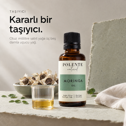 Moringa Yağı 30 ml — taşıyıcı yağ, cam beher içinde berrak altın rengi yağ