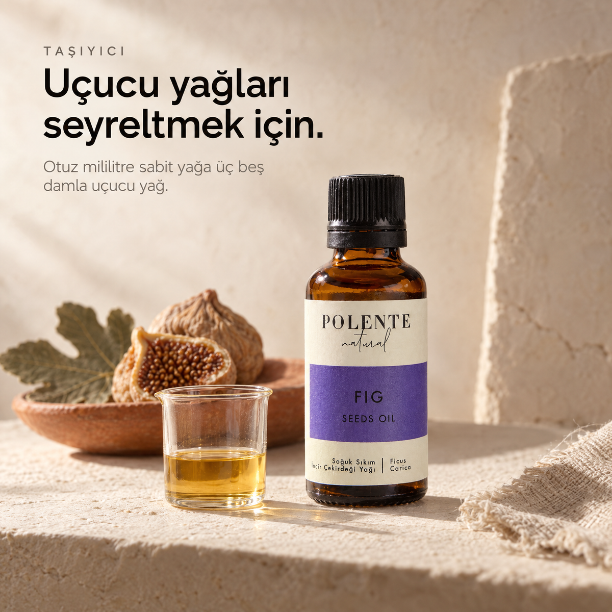 İncir Çekirdeği Yağı 30 ml — taşıyıcı yağ, cam beher içinde berrak altın rengi yağ
