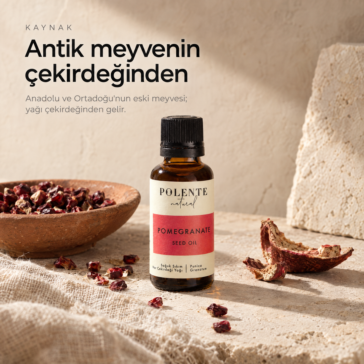 Nar Çekirdeği Yağı 30 ml — yağın kaynağı: kurutulmuş nar taneleri ve nar kabuğu