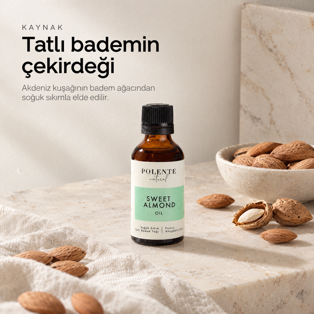 Tatlı Badem Yağı 50 ml — yağın kaynağı: kabuklu tatlı bademler ve badem kabukları