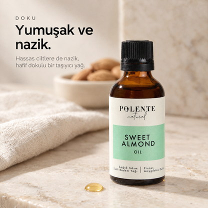 Tatlı Badem Yağı 50 ml — yağın dokusu, yüzeydeki tek damlanın makro çekimi