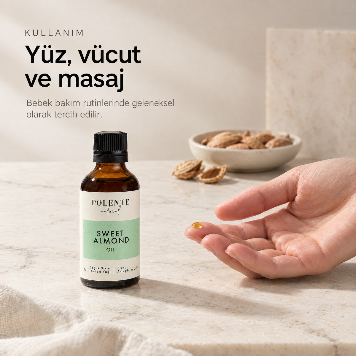 Tatlı Badem Yağı 50 ml — kullanım: parmak ucunda tek damla yağ