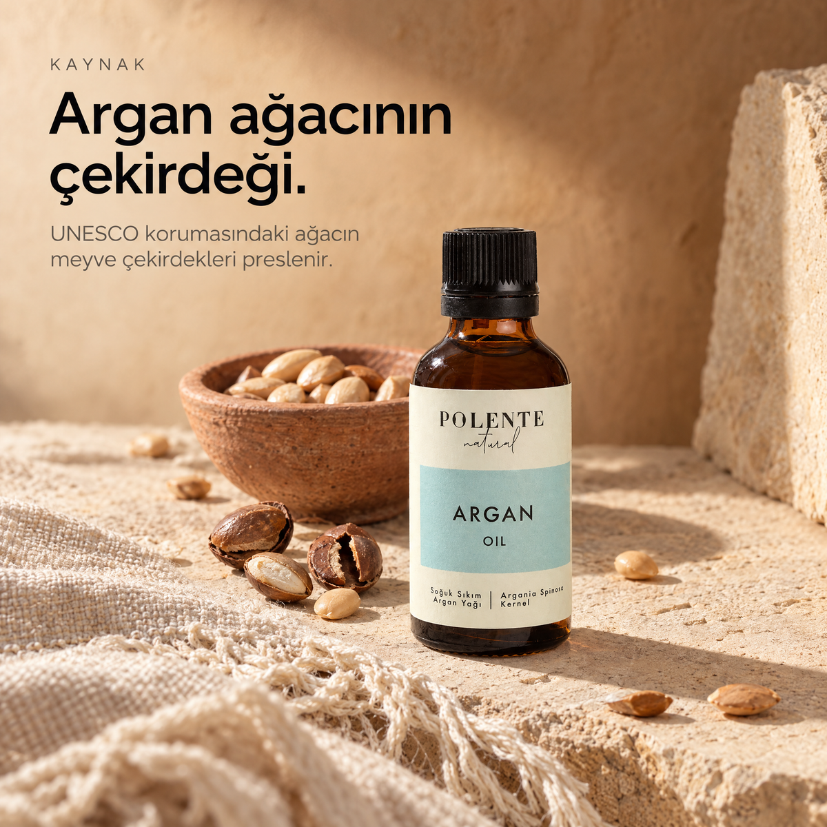 Argan Yağı 50 ml — yağın kaynağı: argan çekirdekleri ve kırık argan kabukları