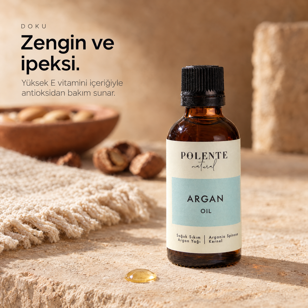 Argan Yağı 50 ml — yağın dokusu, yüzeydeki tek damlanın makro çekimi