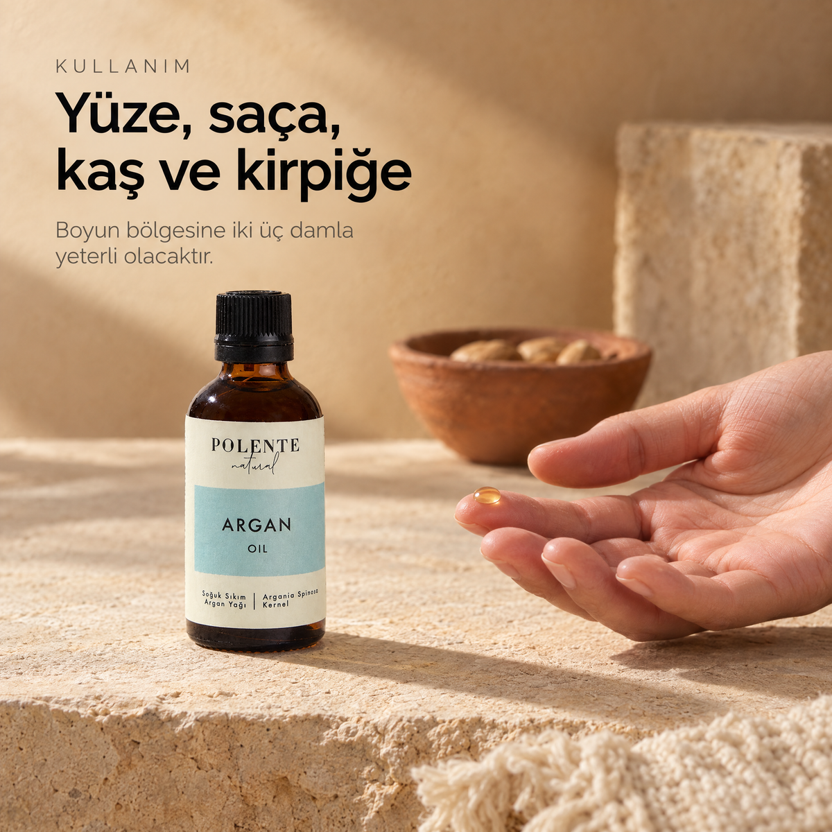 Argan Yağı 50 ml — kullanım: parmak ucunda tek damla yağ