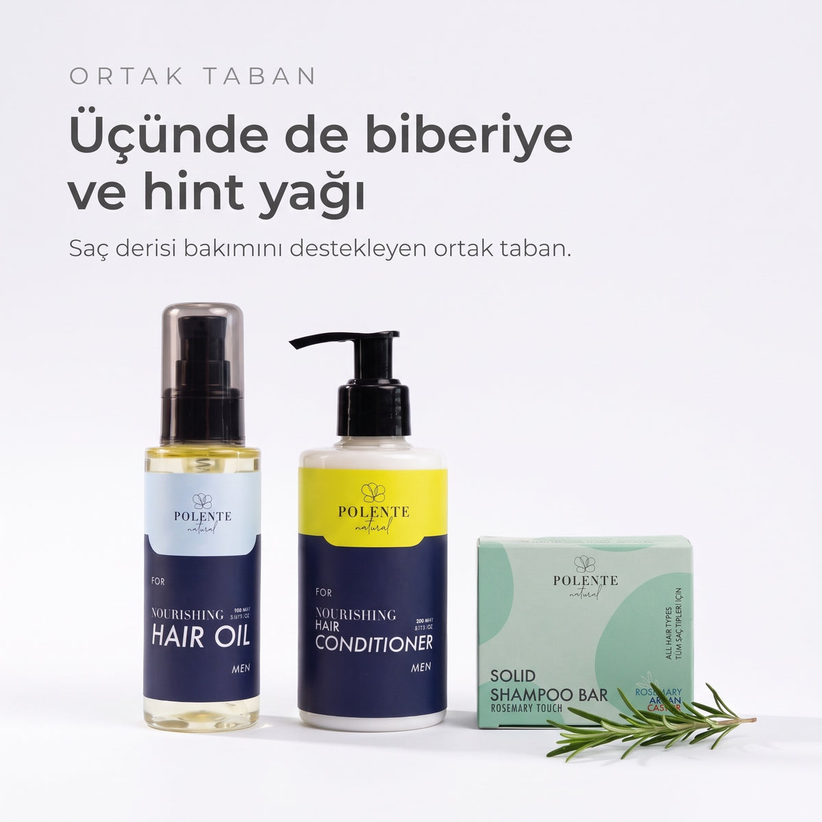 Men Saç Bakım Seti ortak tabanı — üç üründe de biberiye ve hint yağı, yanında taze biberiye dalı