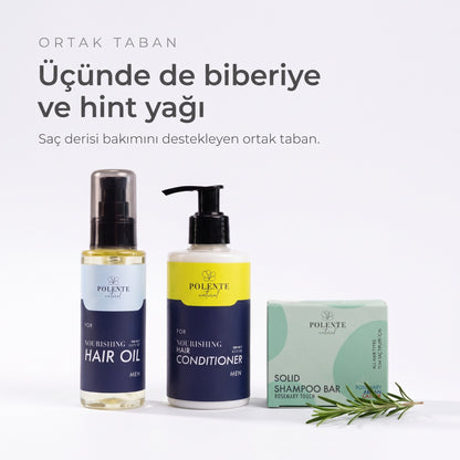 Men Saç Bakım Seti ortak tabanı — üç üründe de biberiye ve hint yağı, yanında taze biberiye dalı
