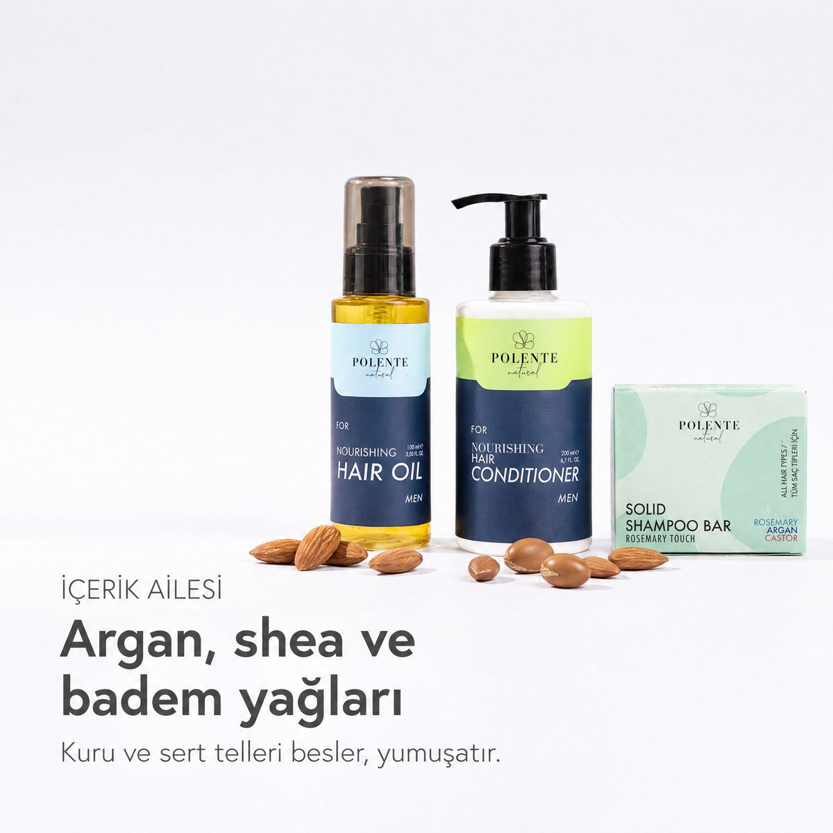 Men Saç Bakım Seti içerik ailesi — argan, shea ve badem yağları, badem ve argan çekirdekleriyle