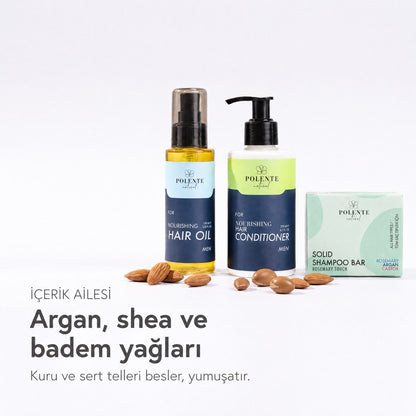 Men Saç Bakım Seti içerik ailesi — argan, shea ve badem yağları, badem ve argan çekirdekleriyle