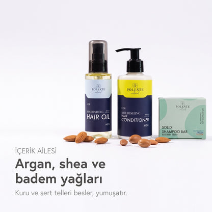 Men Saç Bakım Seti içerik ailesi — argan, shea ve badem yağları, badem ve argan çekirdekleriyle