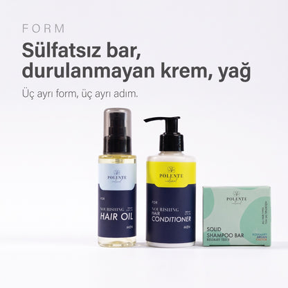 Men Saç Bakım Seti formları — sülfatsız katı şampuan barı, durulanmayan saç kremi ve saç yağı