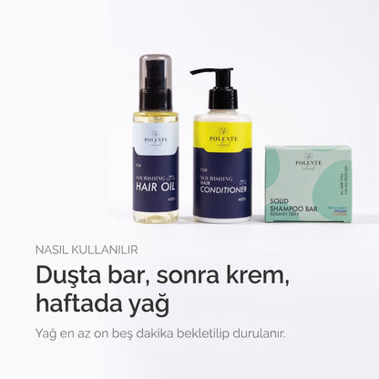 Men Saç Bakım Seti kullanımı — duşta bar, sonra saç kremi, haftada bir saç yağı
