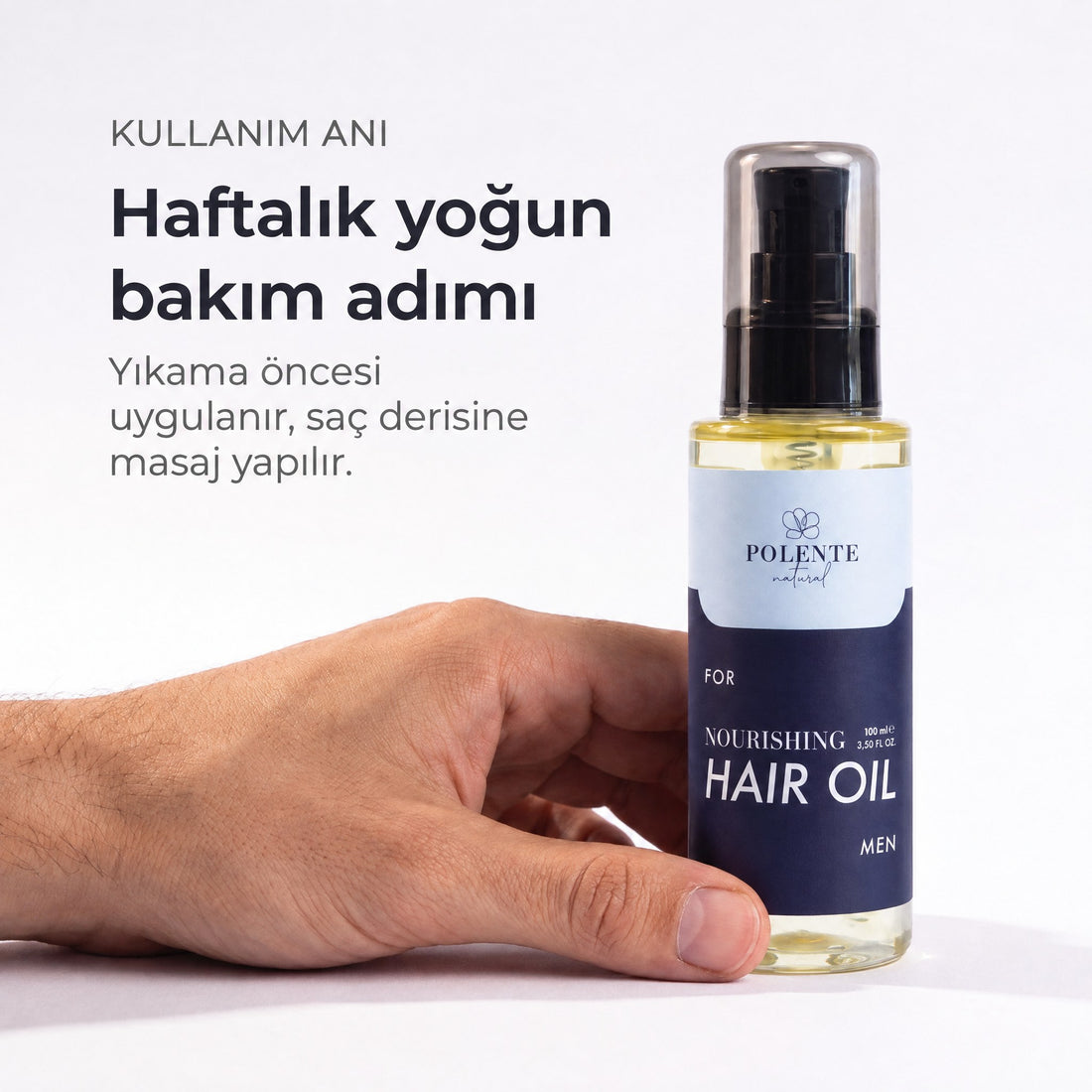 MEN NOURISHING HAIR CARE OIL 100 ml — Haftalık yoğun bakım adımı, yıkama öncesi uygulanır