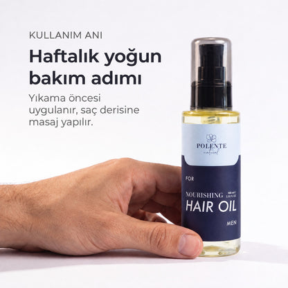 MEN NOURISHING HAIR CARE OIL 100 ml — Haftalık yoğun bakım adımı, yıkama öncesi uygulanır